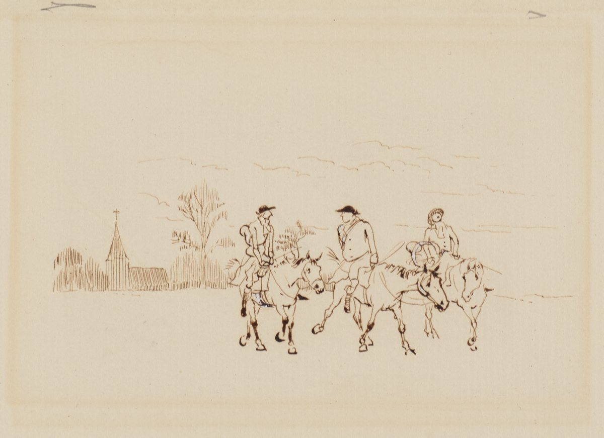 Sketch of The Three Jovial Huntsmen Riding Across a Field with a Church in the Background